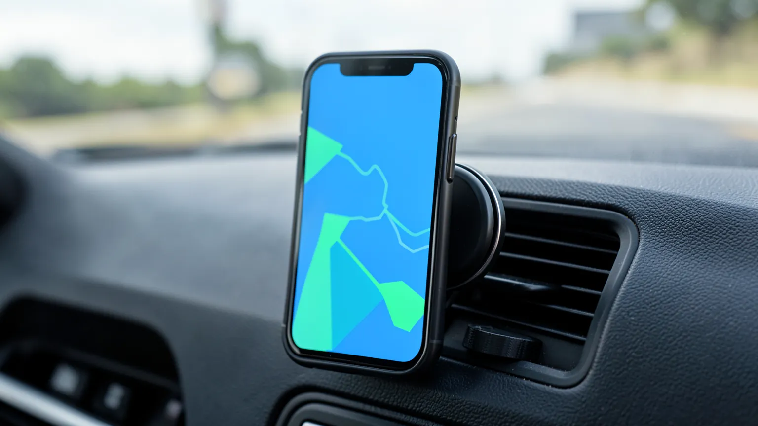 Teléfono sujeto a un soporte magnético en la rejilla del aire de un coche con una carretera al fondo