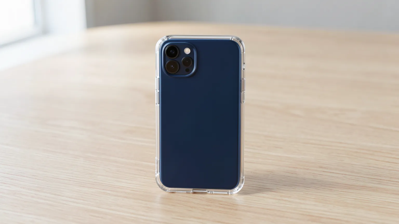 Teléfono con funda transparente apoyado en una mesa clara con luz natural