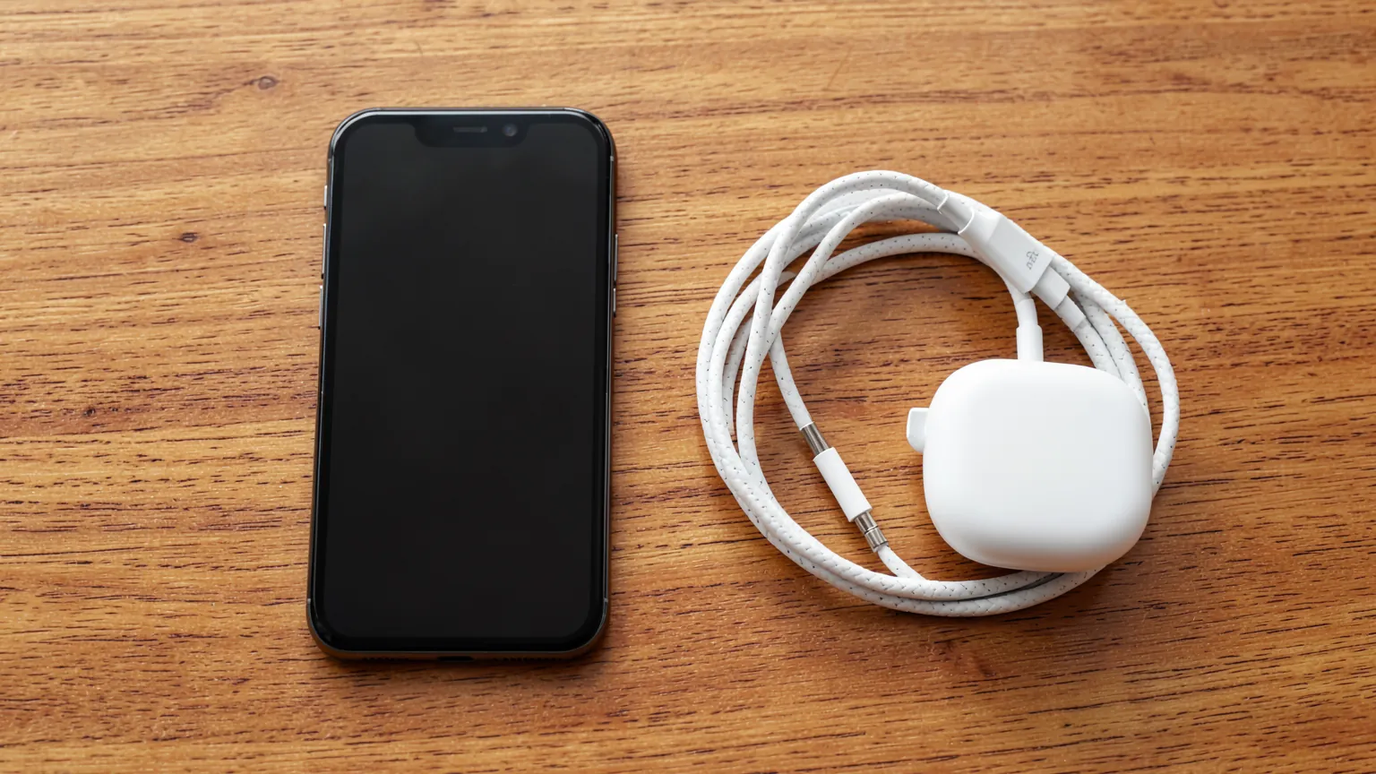 Teléfono junto a un cargador compacto blanco y un cable trenzado enrollado sobre una mesa de madera