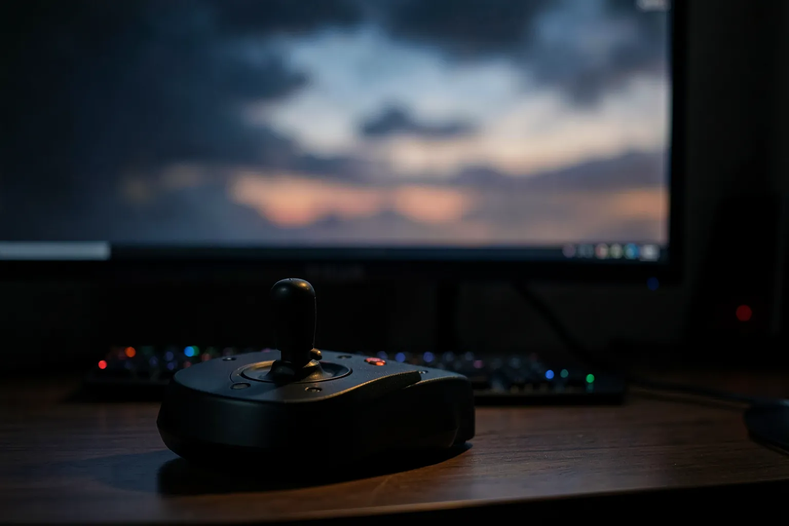 Joystick de vuelo negro sobre un escritorio iluminado por la luz de un monitor que muestra un cielo nublado