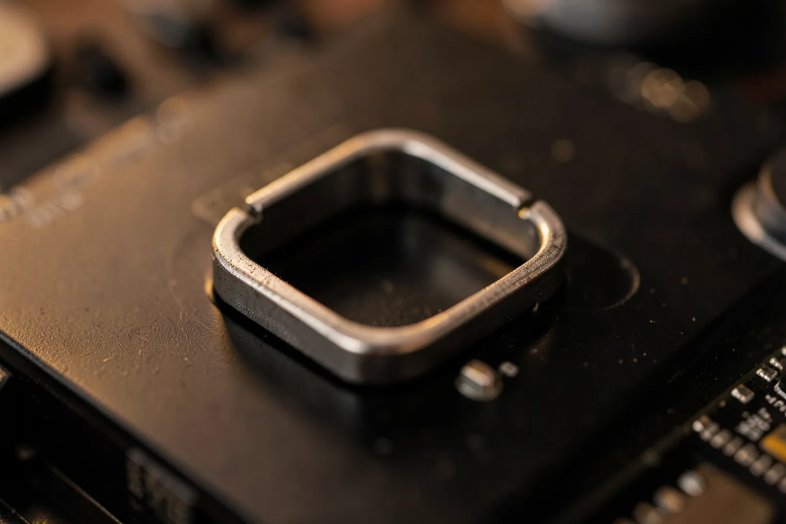 Placa base de PC sin marcas vista de cerca sobre una mesa de trabajo, con el zócalo del procesador y las ranuras de memoria iluminadas con luz cálida