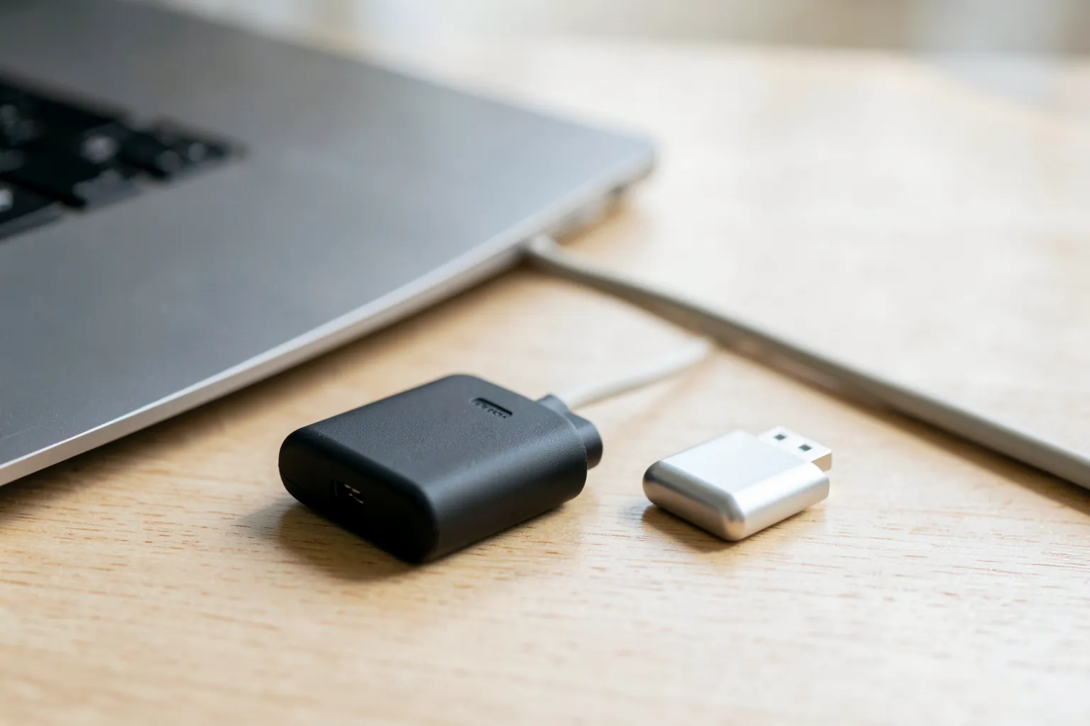 Disco externo negro sin marcas y un pendrive plateado sobre un escritorio de madera clara junto a un portátil
