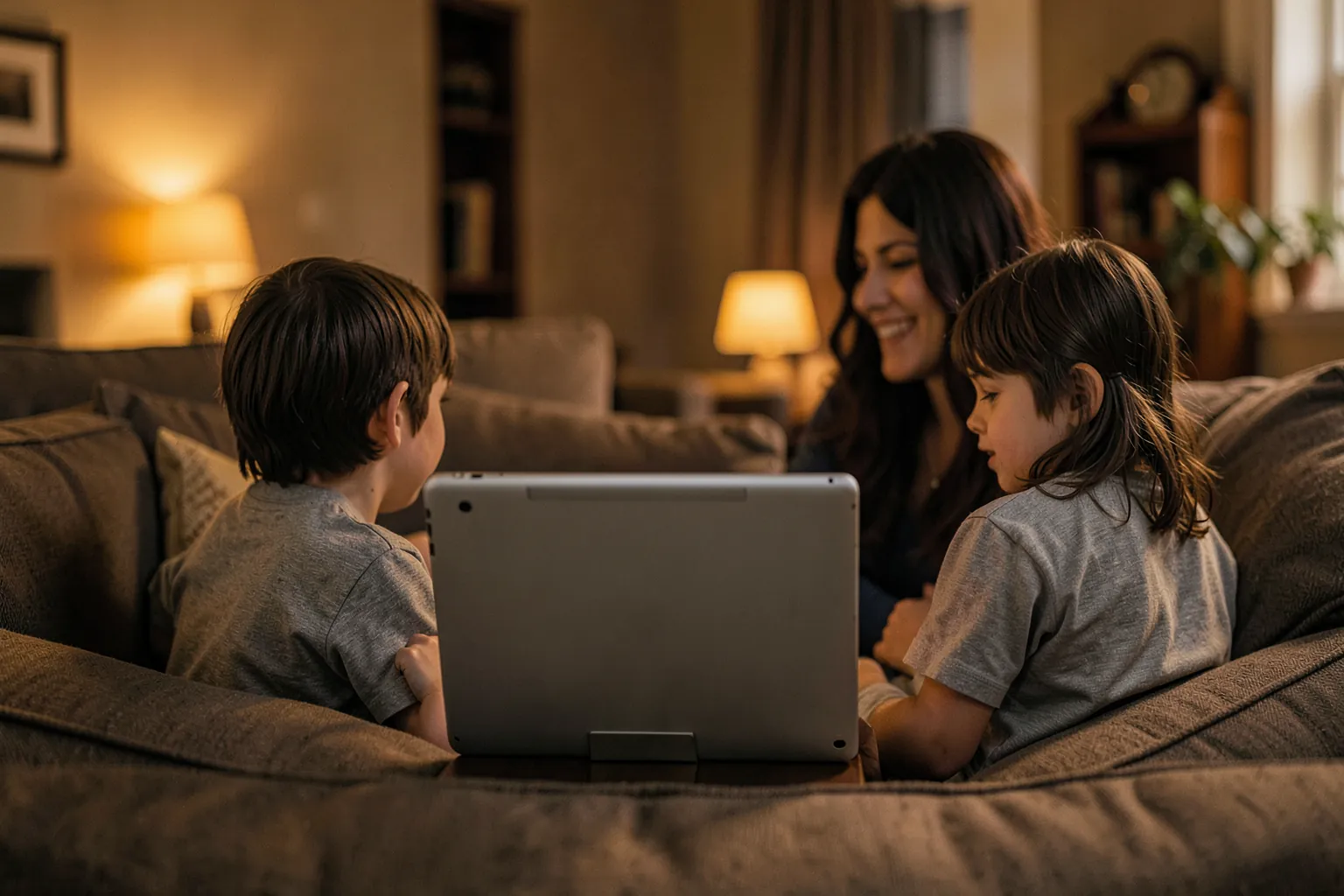 Madre y dos niños en un sofá mirando una tablet grande apoyada en un soporte, vista por detrás, en un salón por la tarde