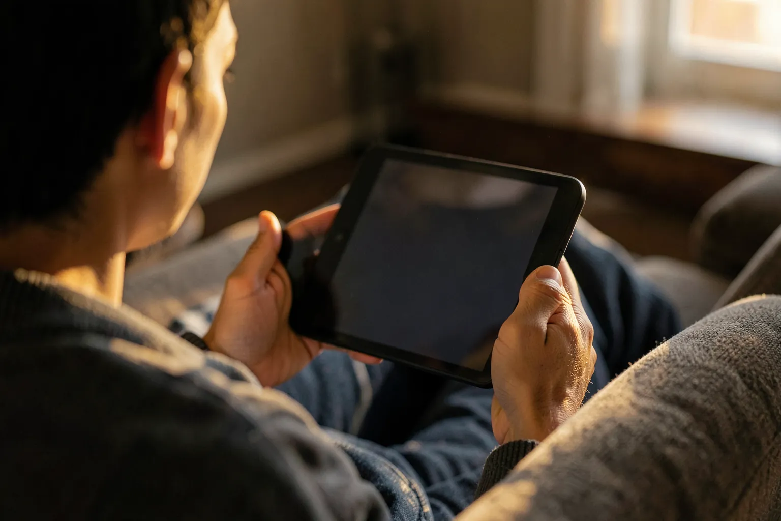Persona leyendo en una tablet compacta sujeta con una mano en un sofá, vista desde detrás, con luz cálida de tarde