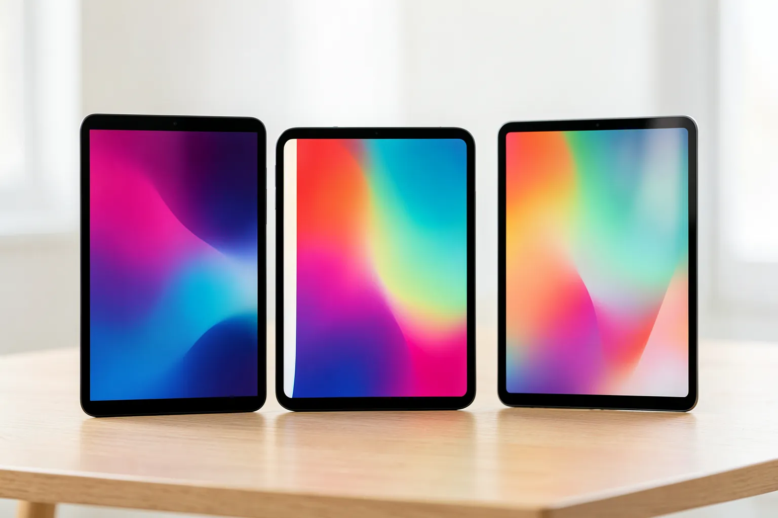 Tres tablets finas de distintos tamaños con fondos de pantalla de degradados de colores sobre una mesa de madera clara