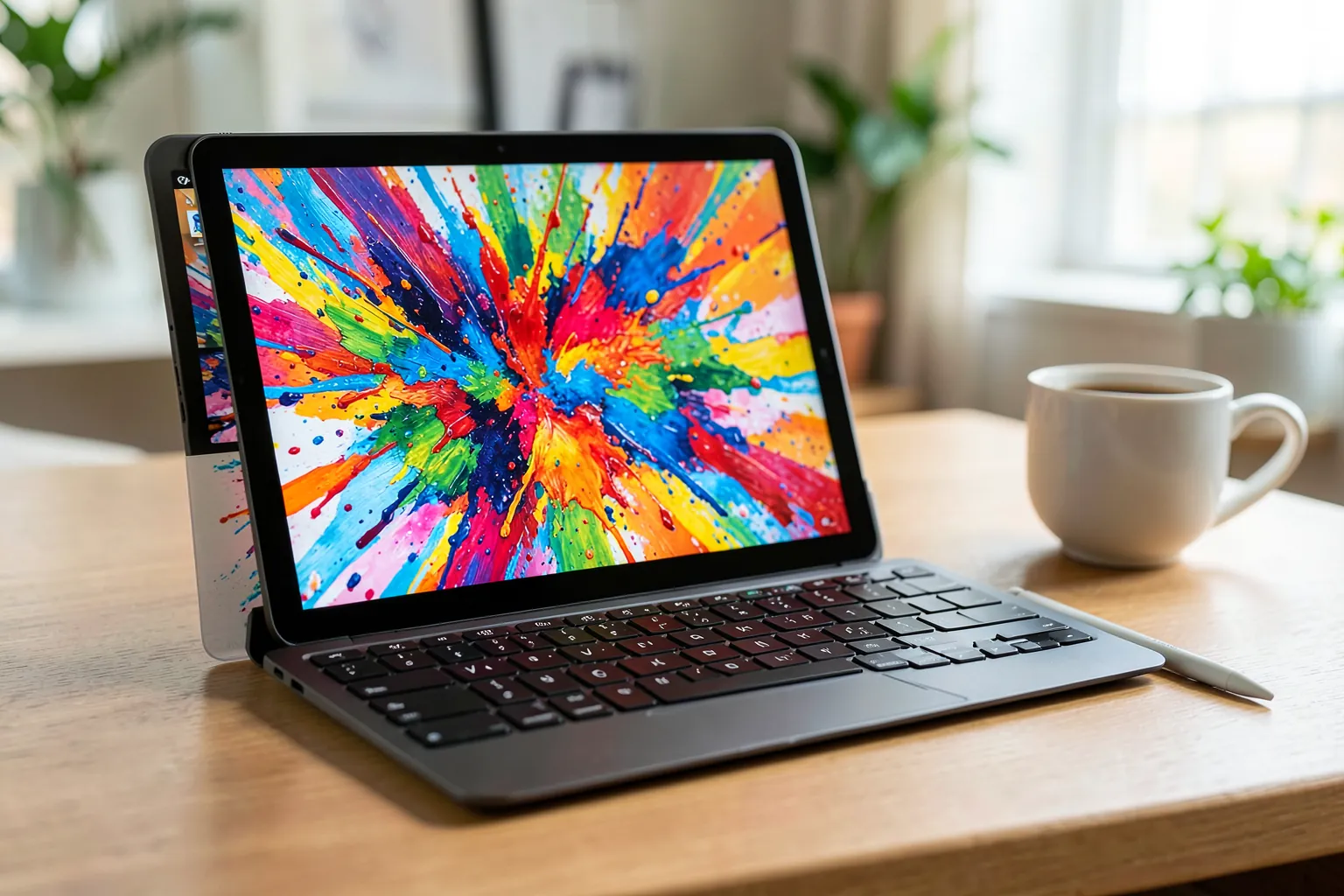 Tablet grande de aluminio con teclado desmontable y lápiz sobre un escritorio junto a una taza de café, con un dibujo abstracto de colores en pantalla