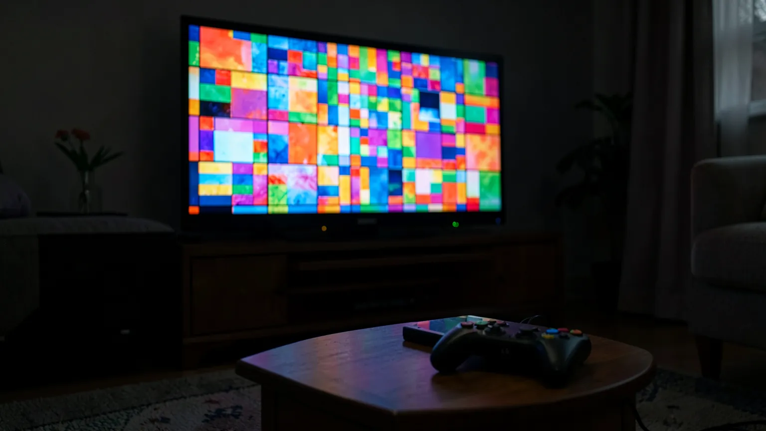 Pantalla de televisor mostrando una biblioteca de juegos desenfocada con un mando de consola en primer plano