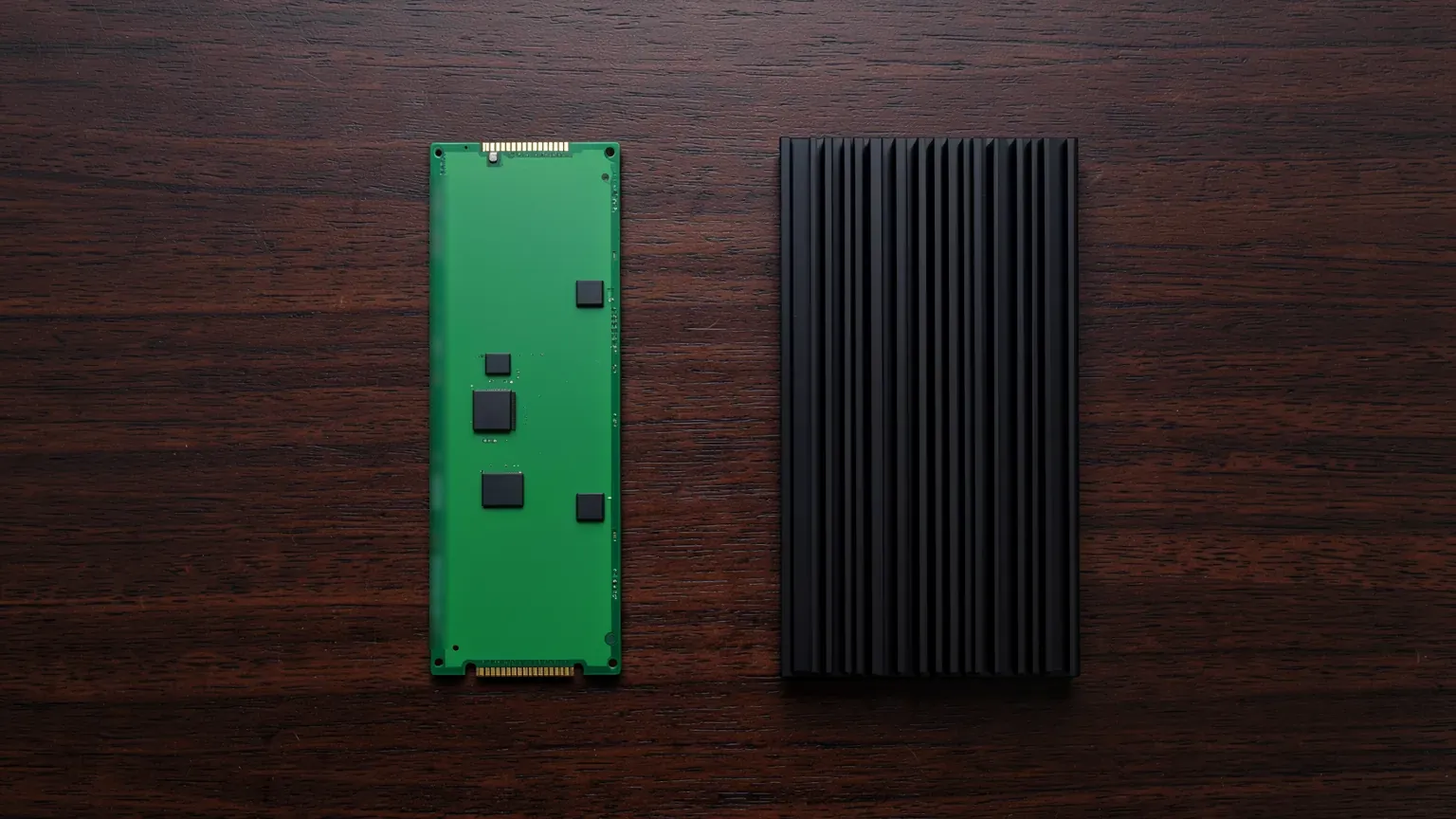 Dos SSD M.2 sobre un escritorio de madera, uno sin disipador y otro cubierto por un disipador de aluminio negro