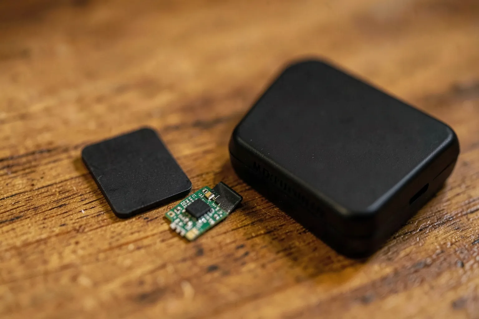 Tarjeta microSD y un SSD M.2 pequeño junto a una consola portátil cerrada sobre una mesa de madera