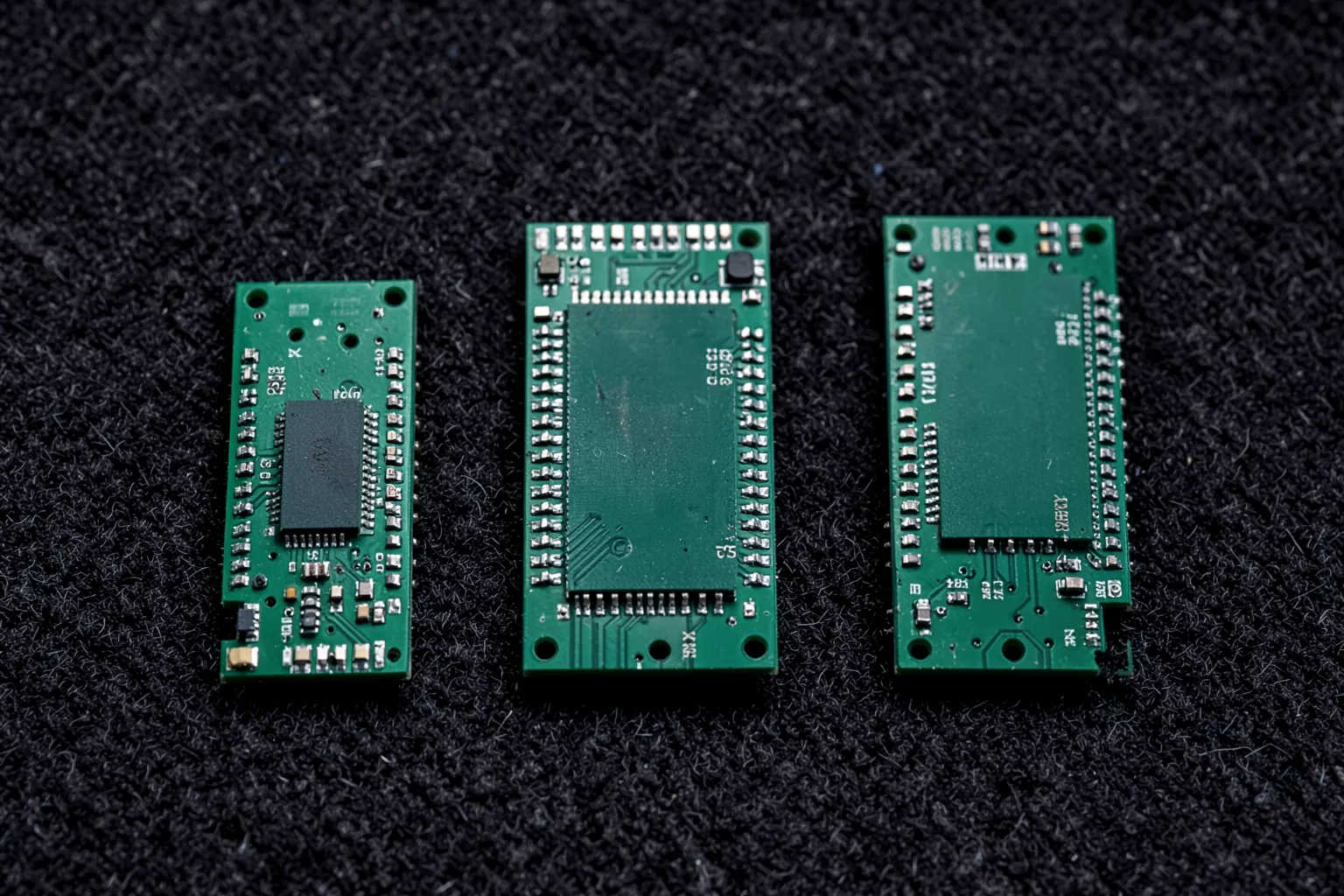Tres placas de SSD M.2 de distintas longitudes colocadas en fila sobre una superficie oscura