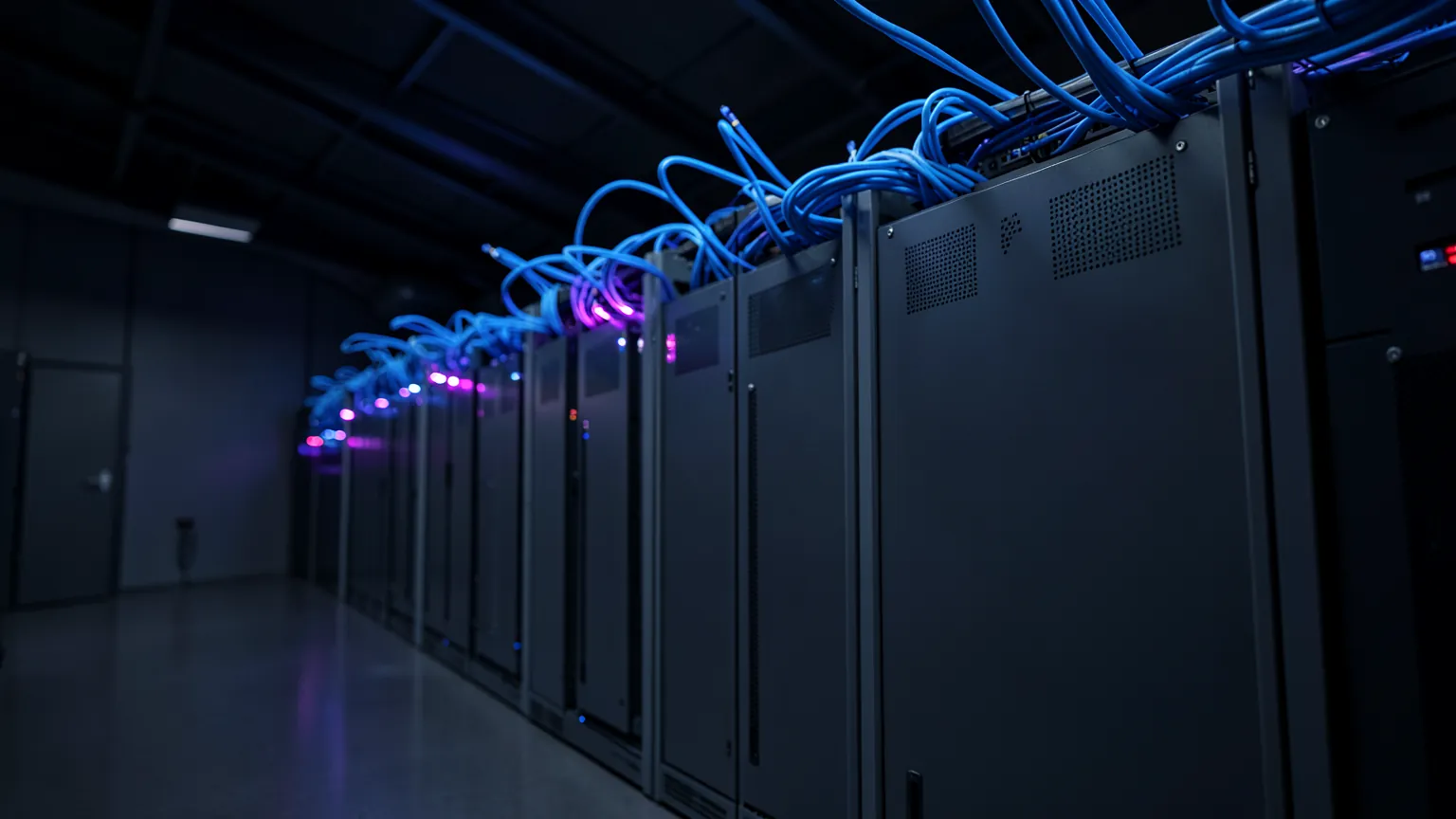 Sala de servidores con armarios alineados y cables de fibra iluminados en azul y violeta