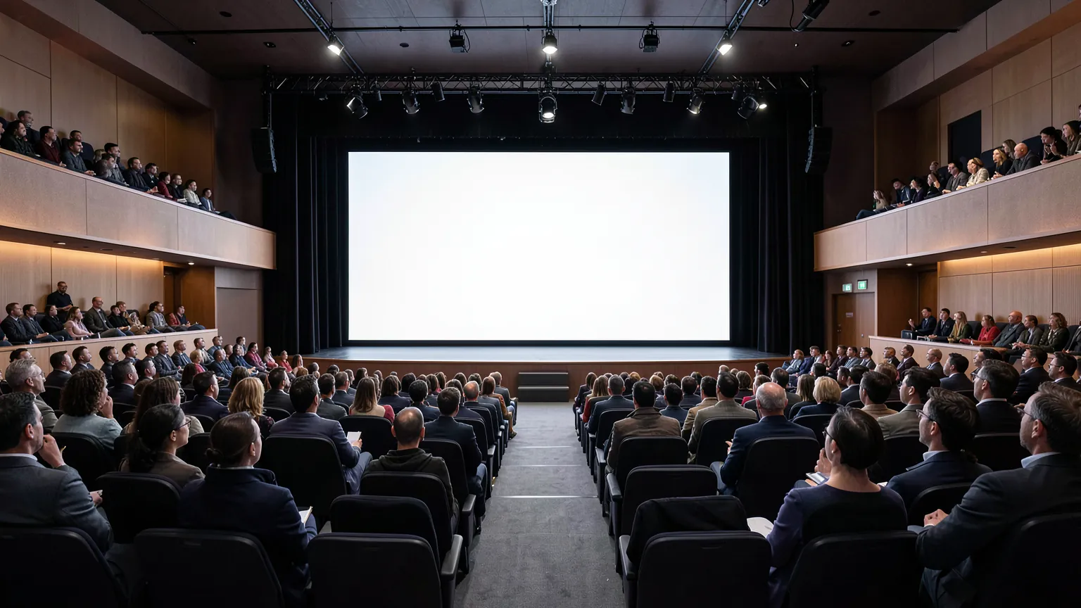 Auditorio moderno con publico atento frente a un escenario iluminado con una pantalla grande en blanco