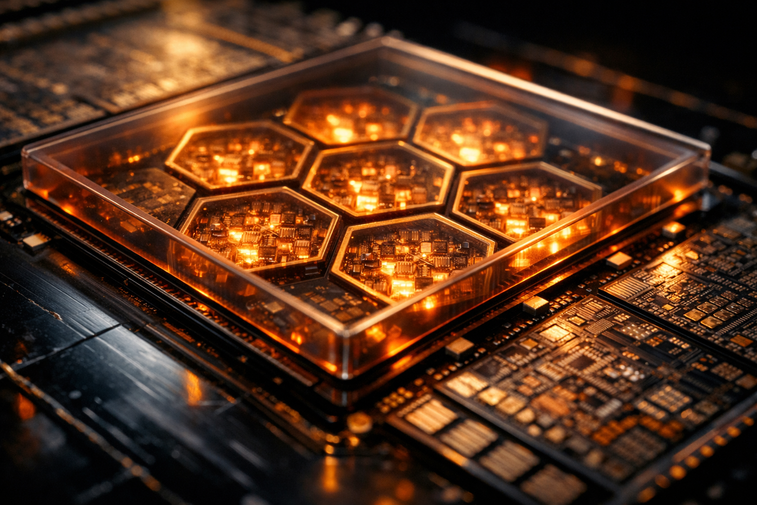 Diagrama esquemático de un die de chip acelerador de inteligencia artificial con bloques etiquetados matrix engines, HBM memory, attention units y NoC