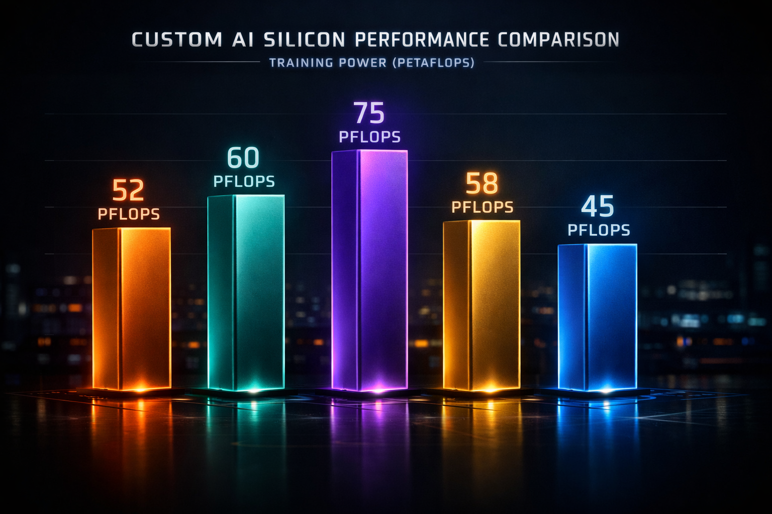 Comparativa visual de chips aceleradores de inteligencia artificial con etiquetas TPU, Trainium, MTIA y Anthropic Silicon dispuestos en paralelo