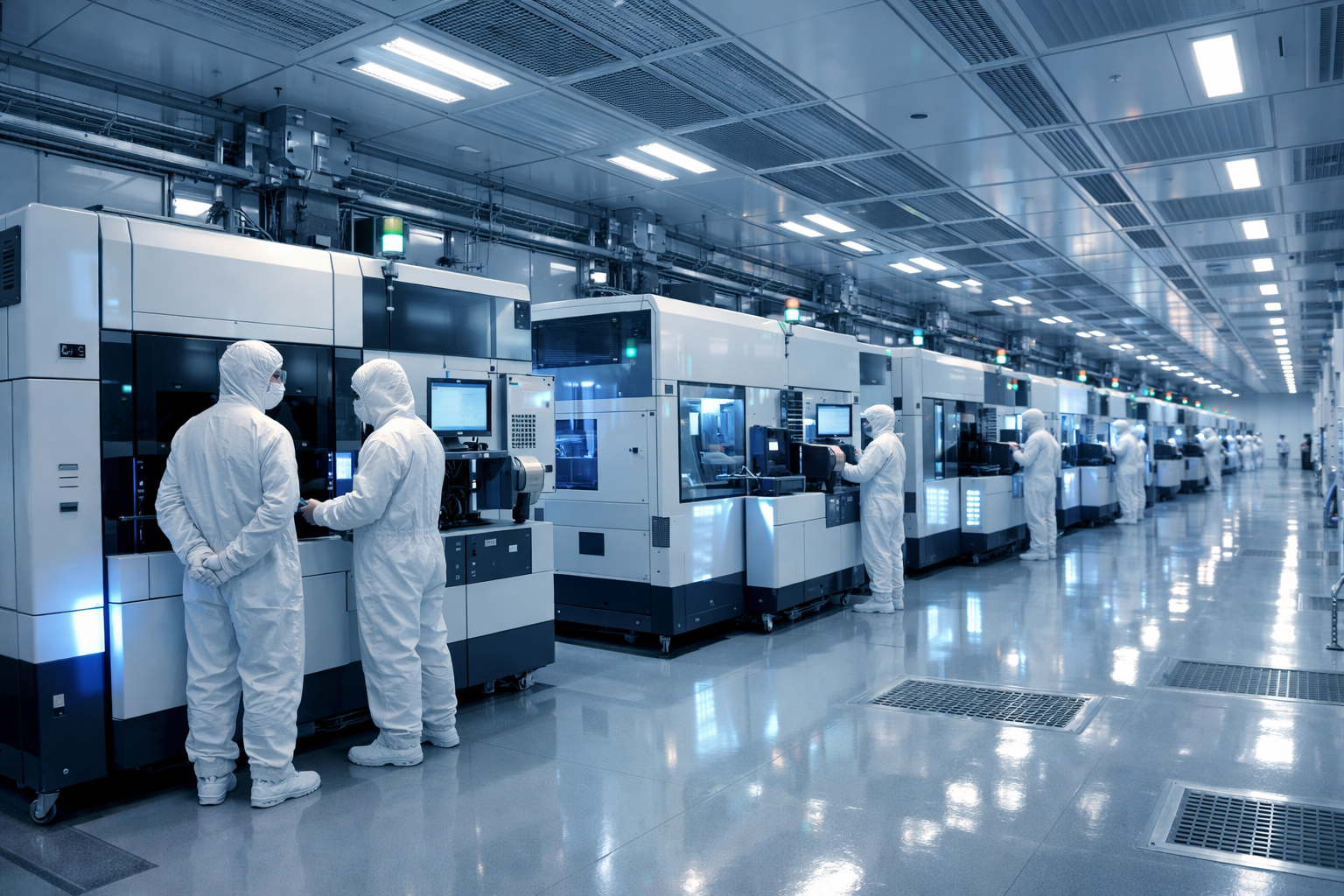 Interior de una sala limpia de una foundry de semiconductores con obleas de silicio en primer plano y personal con trajes blancos al fondo