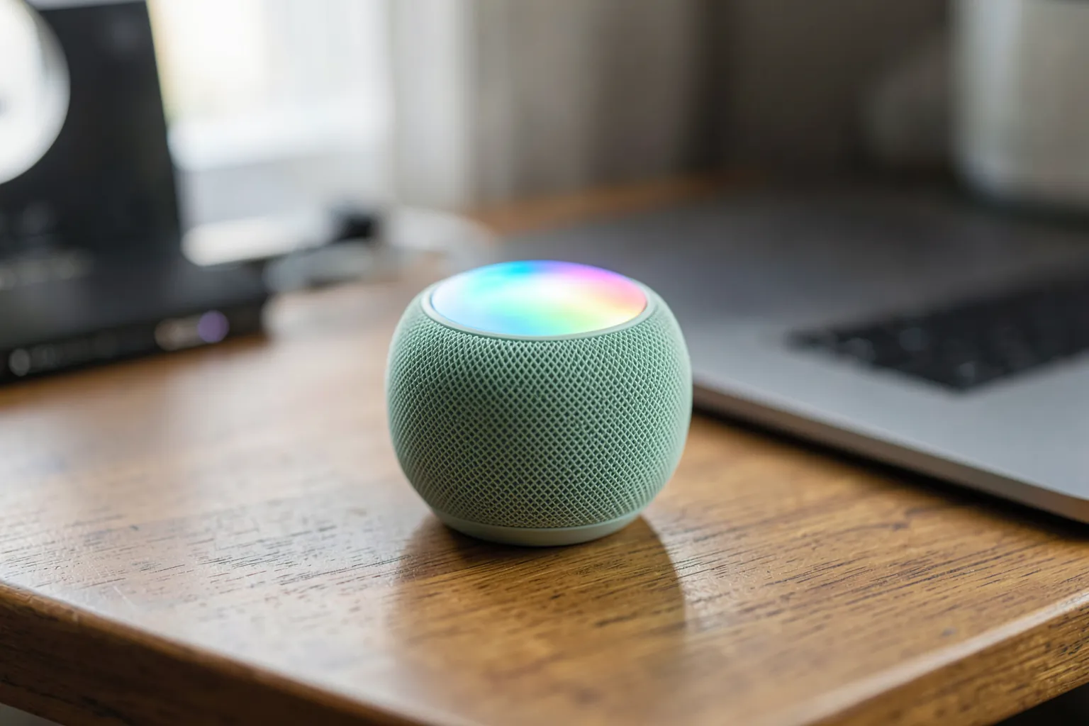 Pequeño altavoz inteligente redondo de malla verde pastel con la parte superior iluminada de colores sobre un escritorio de madera junto a un portátil