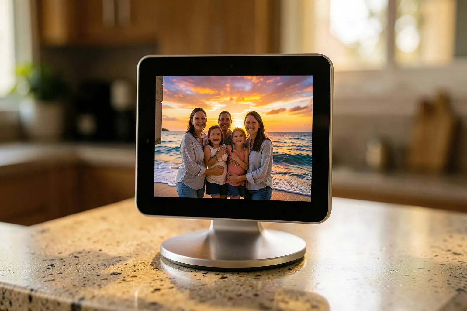 Pequeña pantalla inteligente cuadrada de 7 pulgadas sobre una base redondeada de aluminio en la encimera de una cocina, mostrando una foto de una puesta de sol en la playa