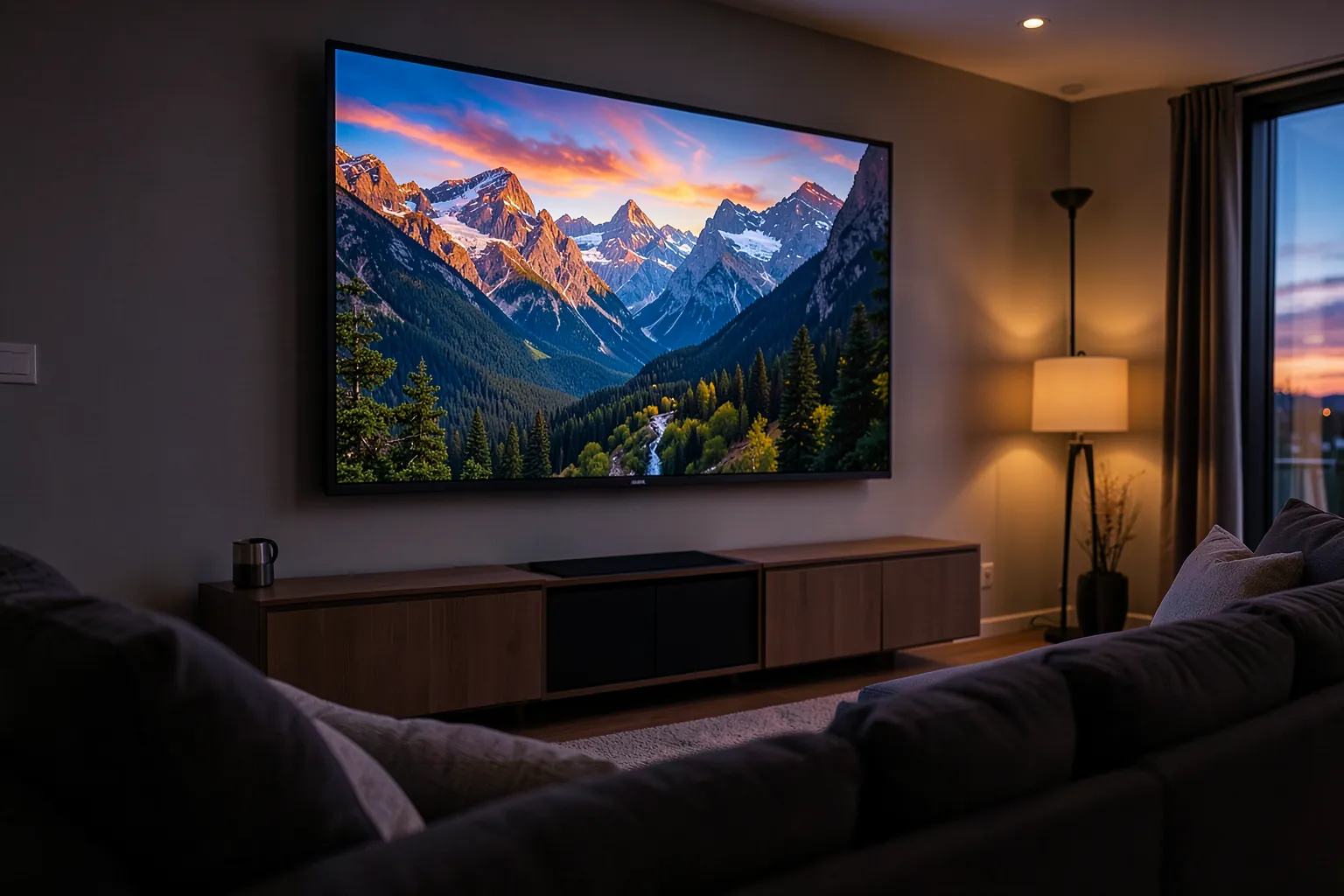 Televisor grande colgado en la pared que muestra un paisaje de montañas sobre un mueble bajo, en un salón moderno por la tarde
