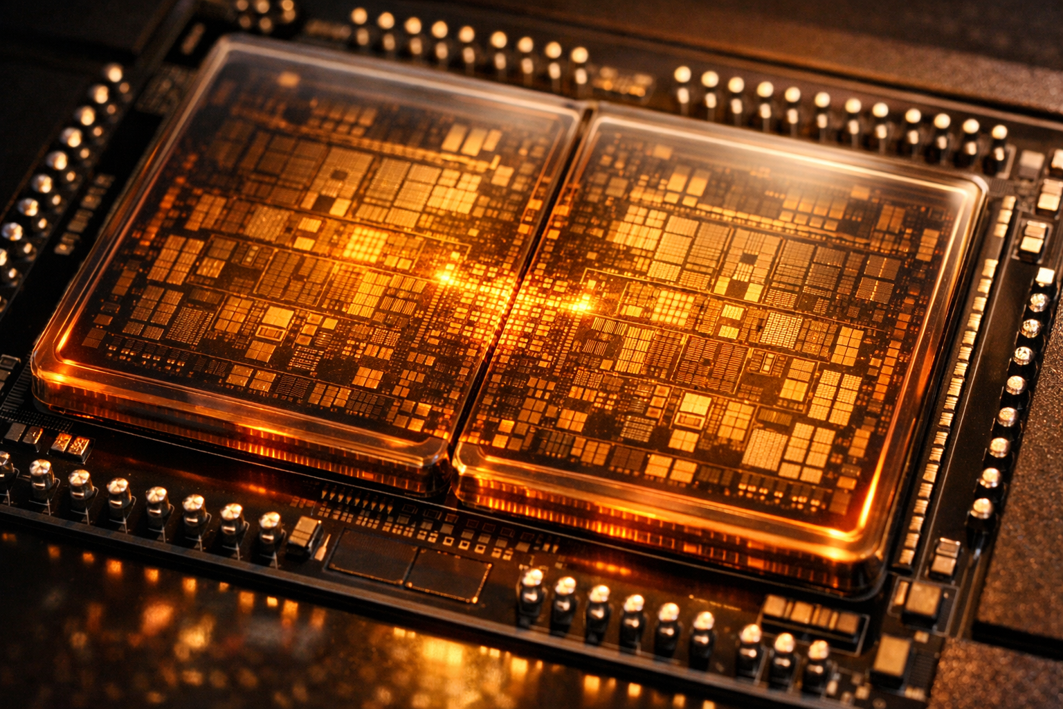 Diagrama conceptual del UltraFusion del M5 Ultra: dos dies M5 Max unidos por interconector de silicio