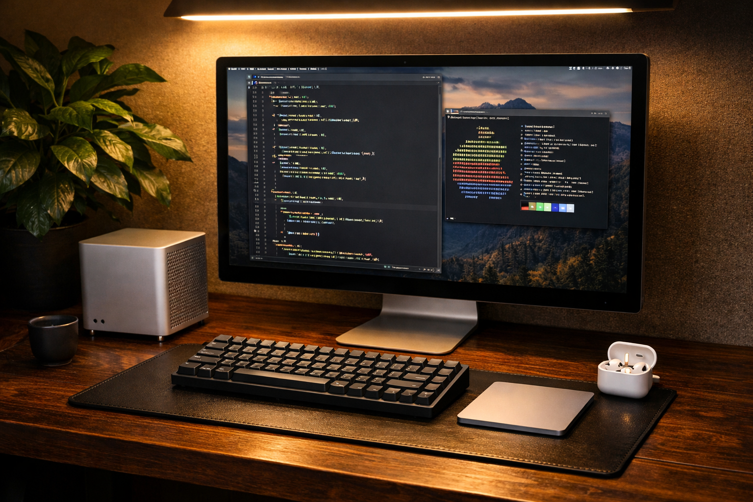 Setup de desarrollador con Mac Studio M5 Ultra, Studio Display 5K, teclado y trackpad Apple sobre mesa de madera