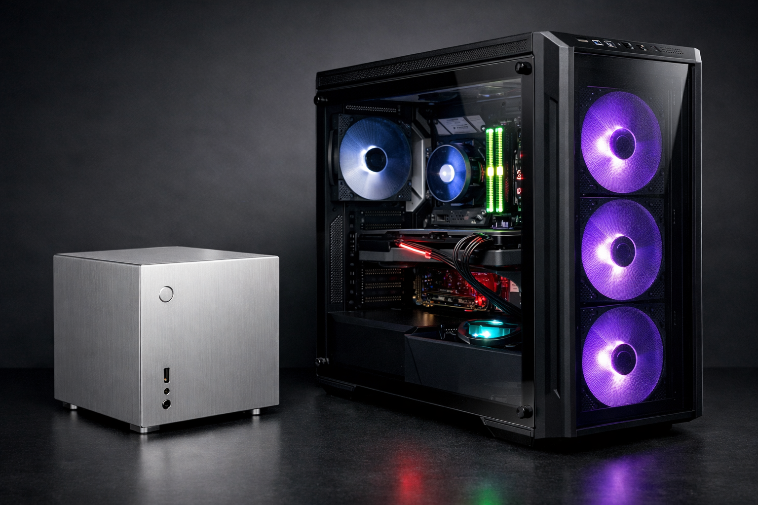 Comparativa visual Mac Studio M5 Ultra vs workstation Nvidia RTX 5090 mostrando diferencias de memoria y arquitectura