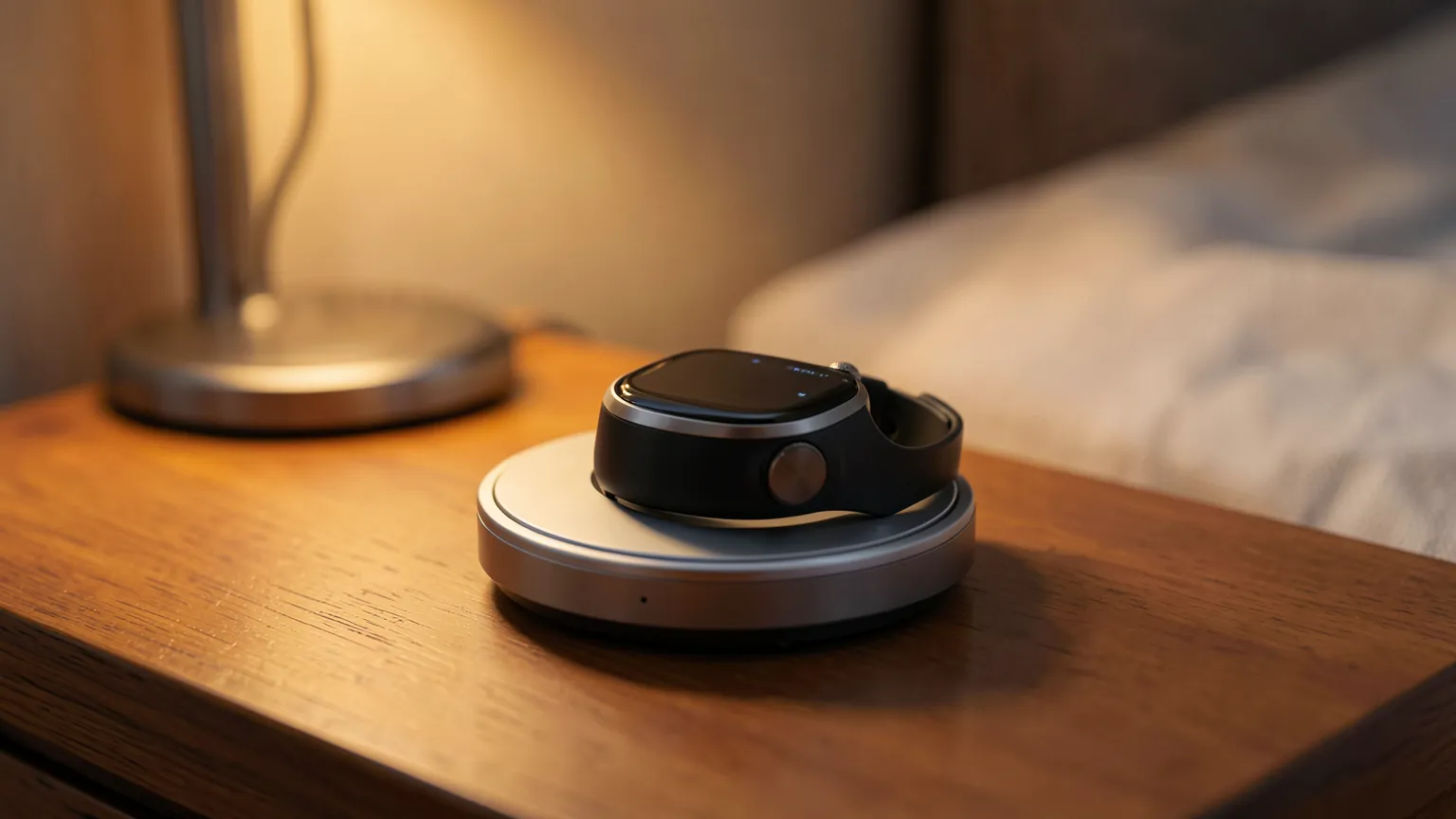 Reloj inteligente apoyado sobre un cargador magnetico circular en una mesilla de noche con luz calida