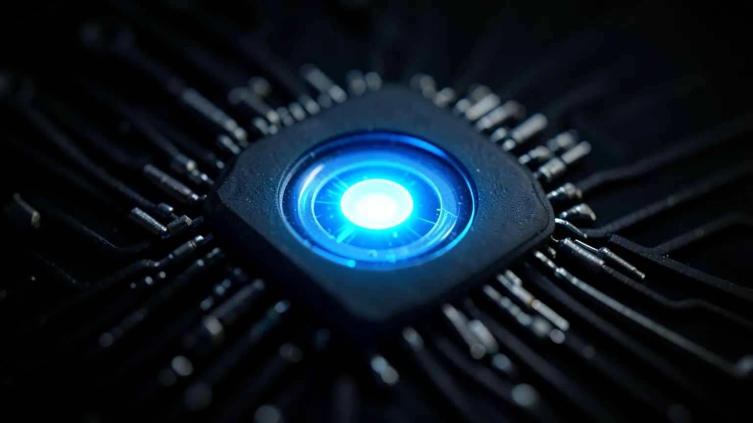 Primer plano abstracto de un microchip con un nucleo aislado iluminado en azul sobre fondo oscuro
