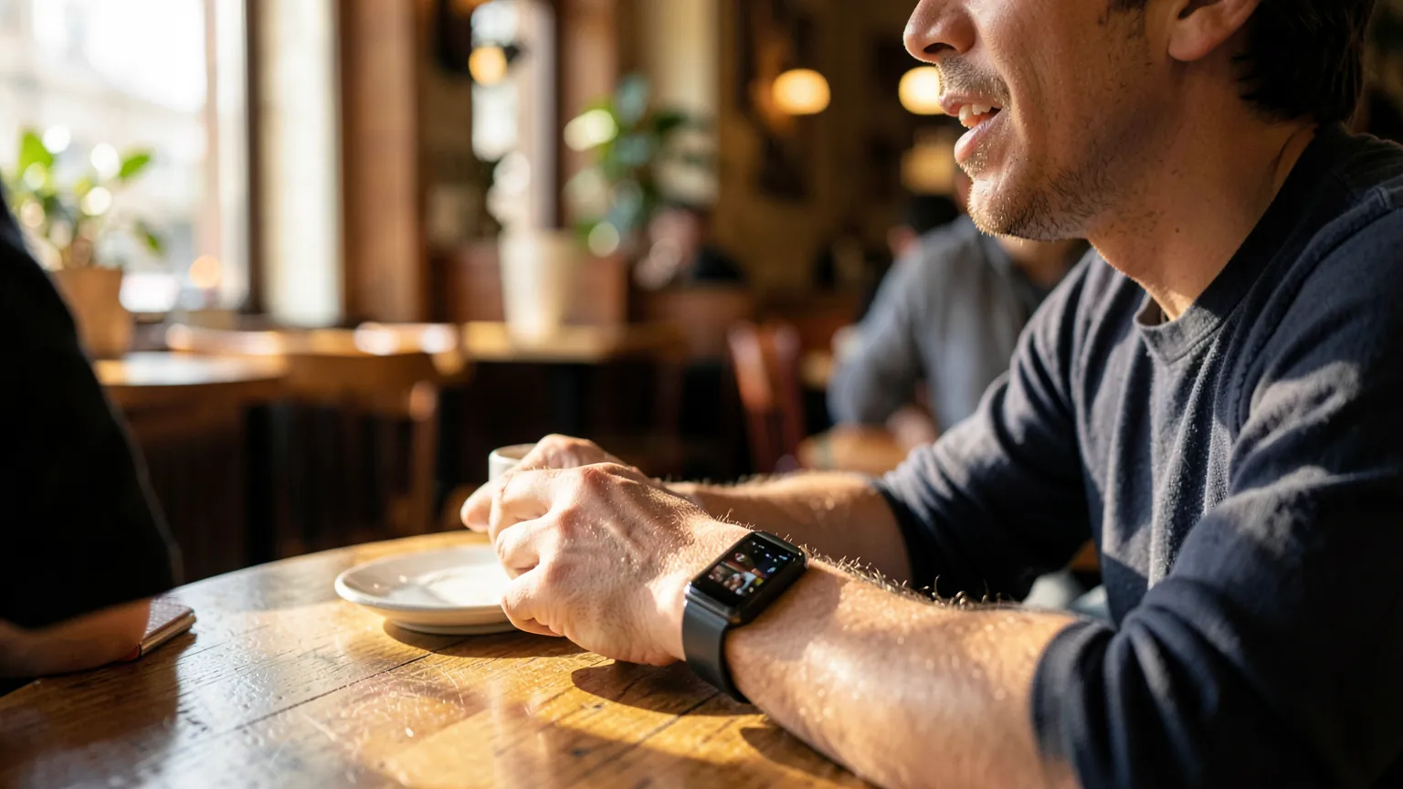Reloj inteligente moderno en la muneca de una persona durante una conversacion en una cafeteria