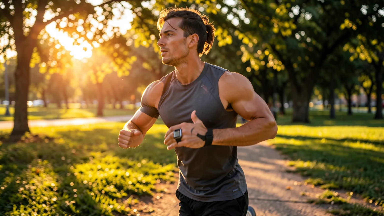 Persona corriendo al amanecer por un parque con un reloj deportivo en la muneca