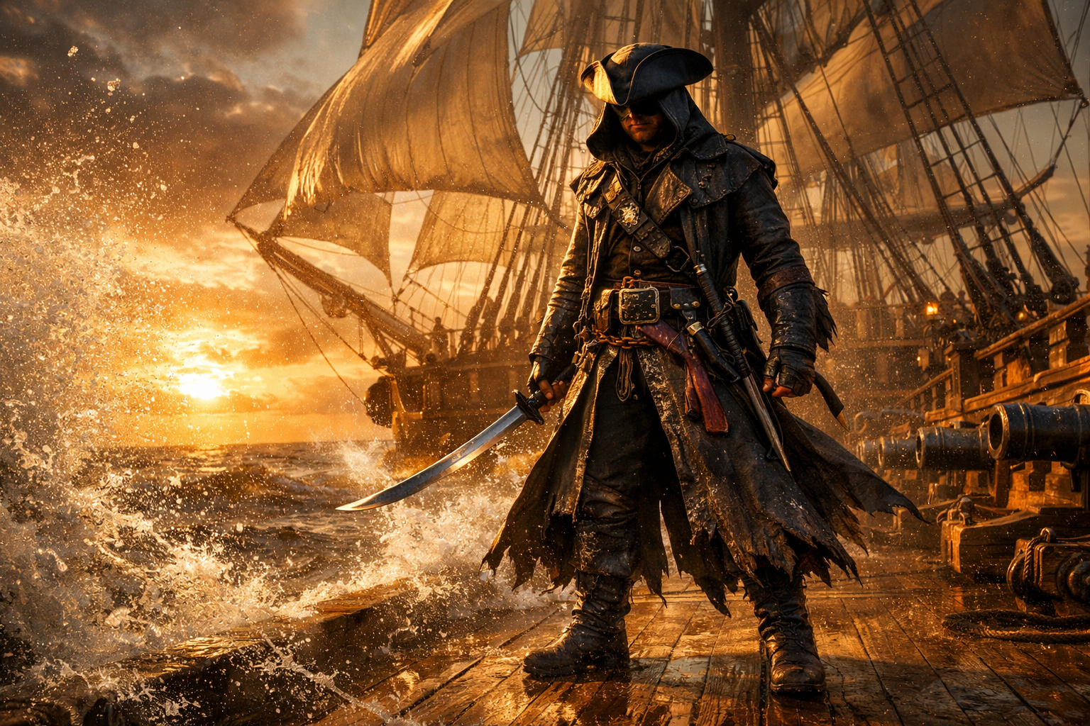 Edward Kenway al timón del Jackdaw con velas negras en el remake Assassin's Creed Black Flag Resynced de julio 2026