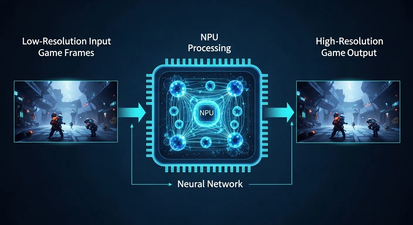 Diagrama del funcionamiento técnico de Auto SR mostrando NPU, reducción de resolución y reconstrucción IA