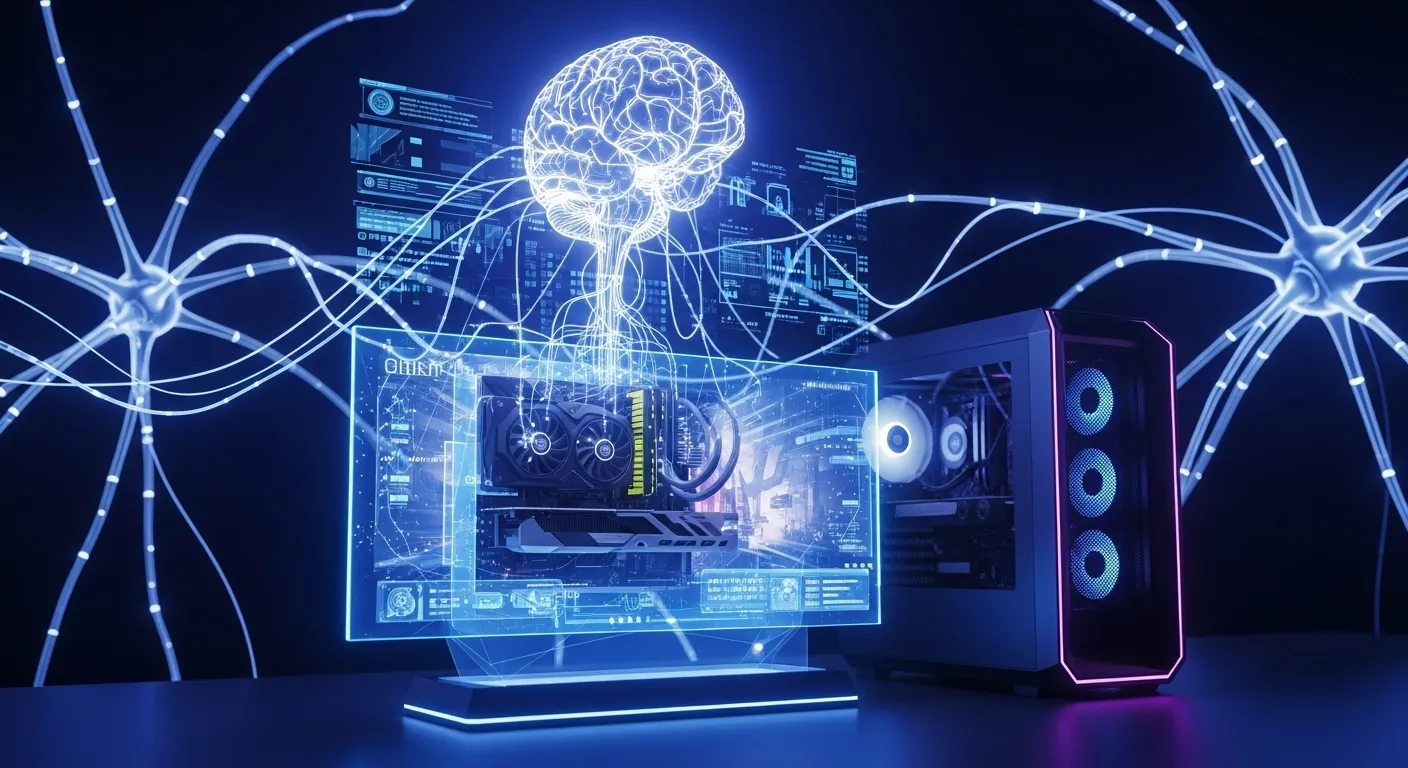 Concepto futurista de IA integrada en el sistema operativo mejorando videojuegos automáticamente