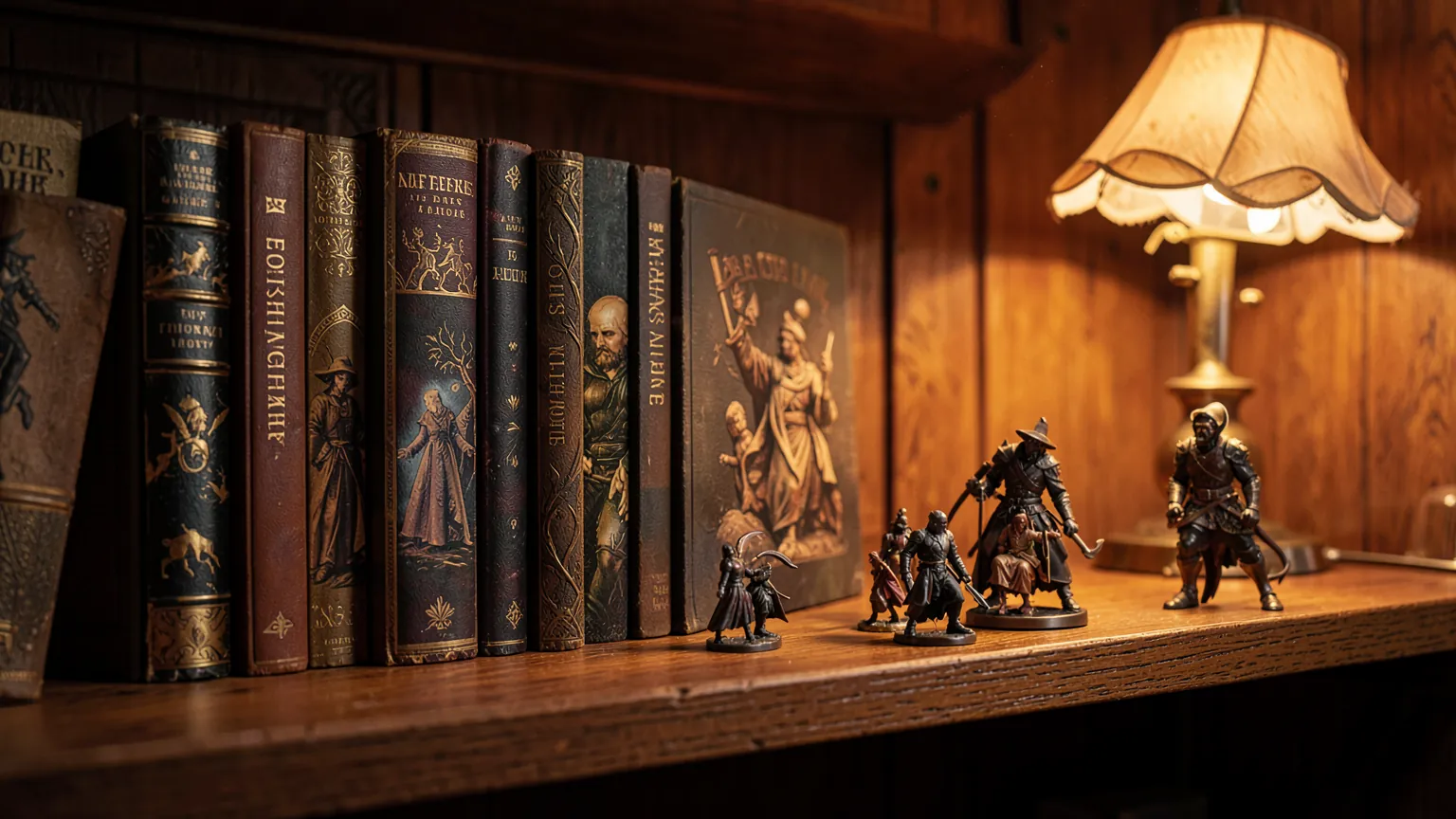Libros ilustrados y figuras de fantasia sobre una estanteria de madera con luz calida