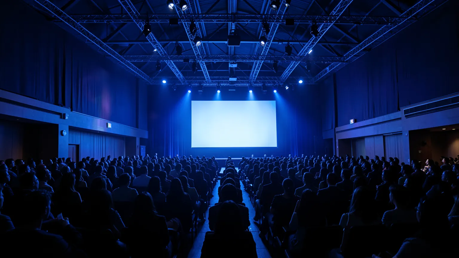 Escenario de un gran evento de videojuegos con luces azules y publico difuminado en la penumbra