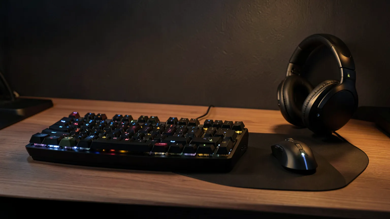 Escritorio de juego ordenado con teclado mecanico raton y auriculares bajo luz suave