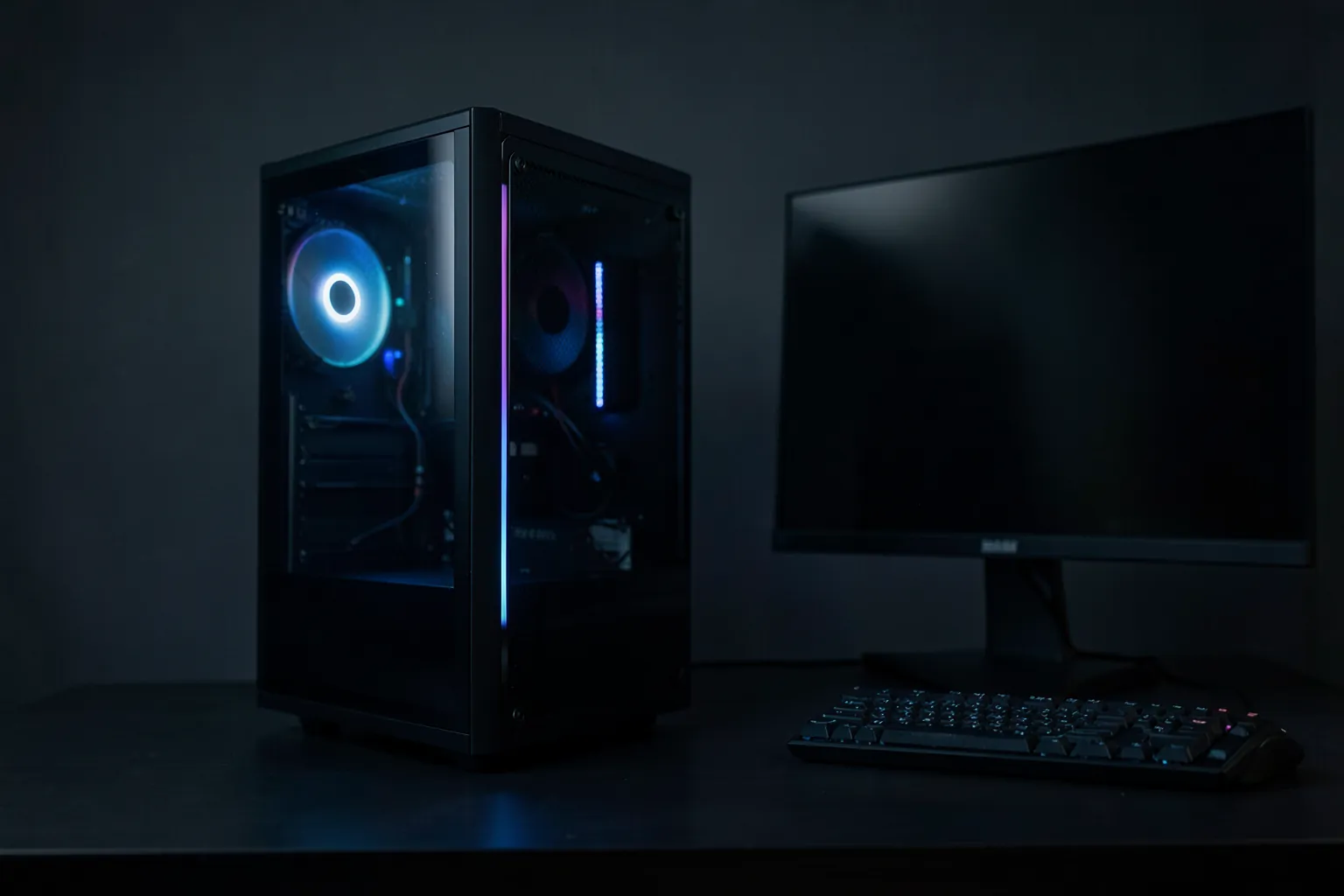 PC gaming con caja de cristal templado e iluminación tenue sobre un escritorio oscuro junto a un monitor curvo apagado y un teclado