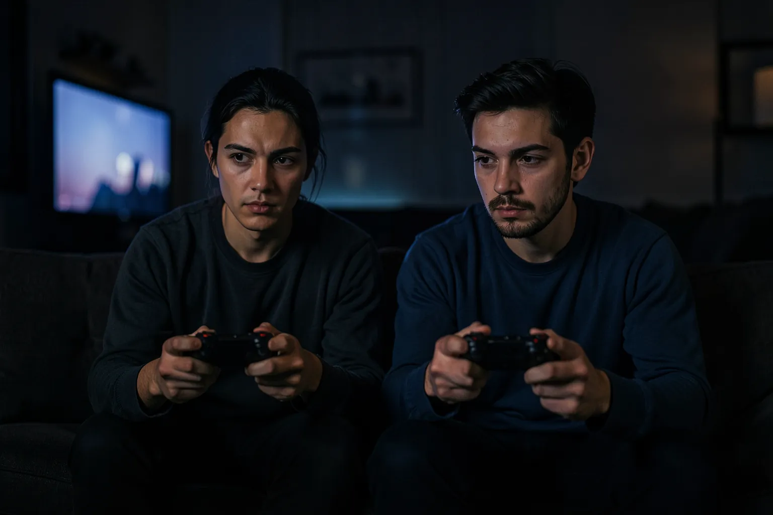 Dos personas jugando a un videojuego de disparos en un salón oscuro con mandos en las manos, iluminadas por el brillo de un televisor fuera de plano