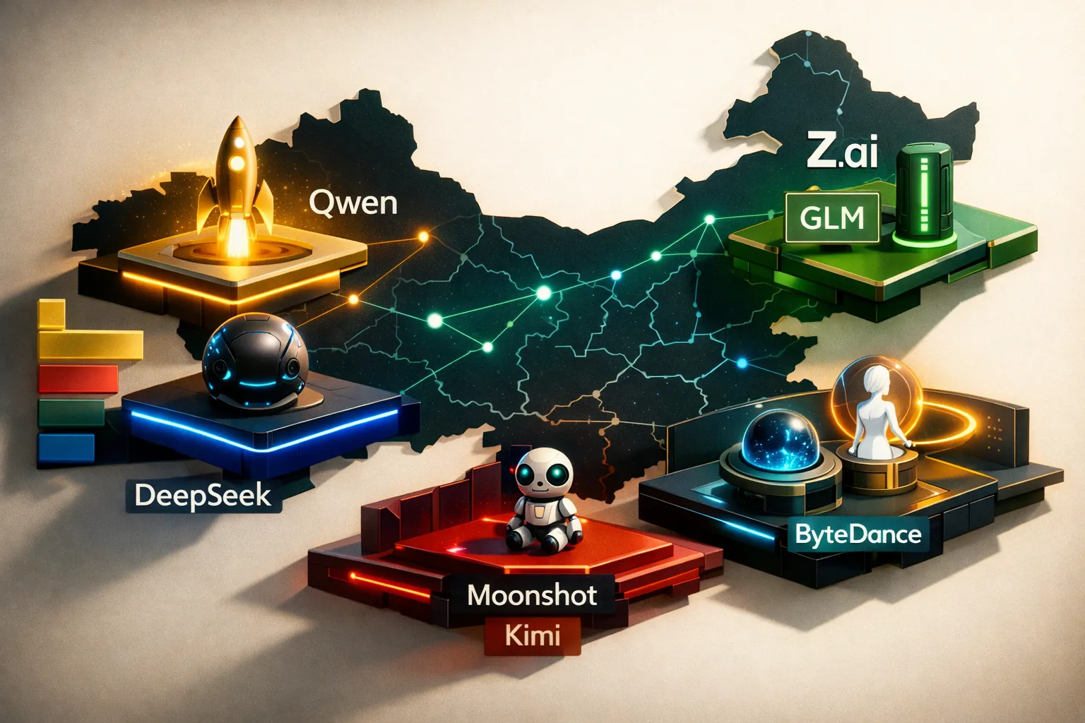 Mapa esquemático de los proveedores chinos de IA en agosto 2026: Alibaba con Qwen, DeepSeek, Z.ai con GLM, Moonshot con Kimi y ByteDance con Seed y Muse, sobre fondo oscuro y acentos cian