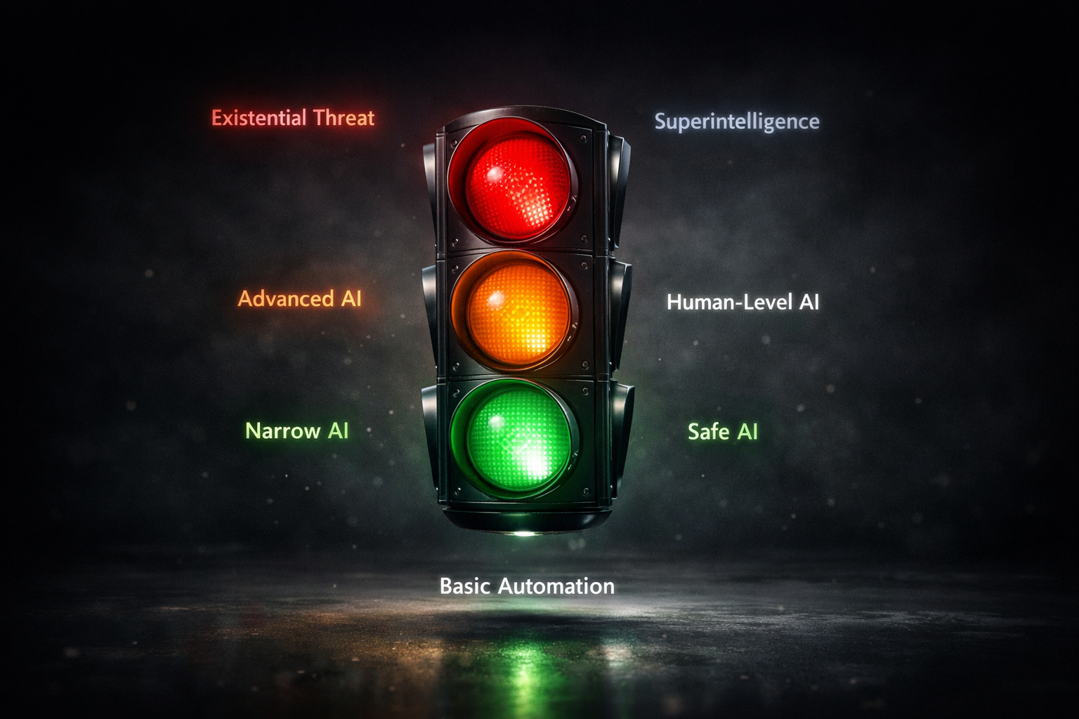 Semáforo simbólico con niveles de riesgo del frontier AI: verde, amarillo y rojo, aplicado a capacidades de auto-mejora y automatización de investigación