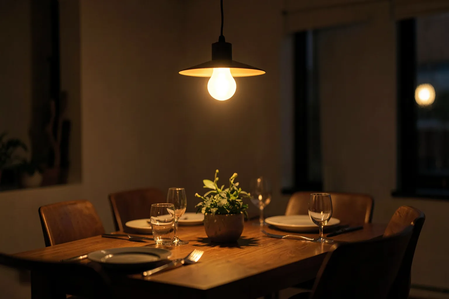 Bombilla LED inteligente encendida con luz cálida en una lámpara colgante sobre una mesa de comedor por la noche