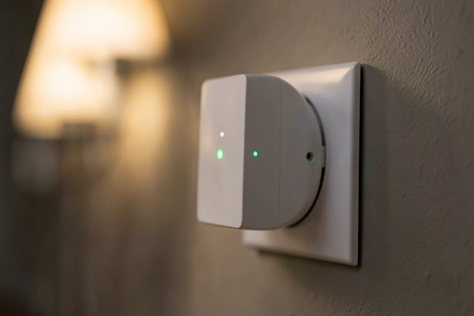 Enchufe inteligente blanco conectado a una toma de pared con una pequeña luz verde de estado y una lámpara desenfocada detrás