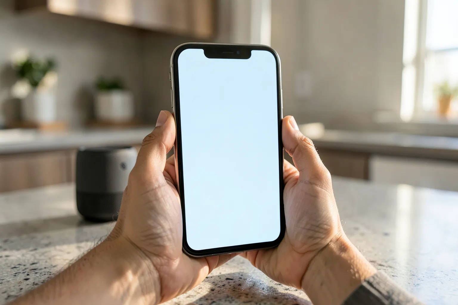 Manos sujetando un móvil con la pantalla en blanco en una cocina moderna con un pequeño altavoz inteligente en la encimera