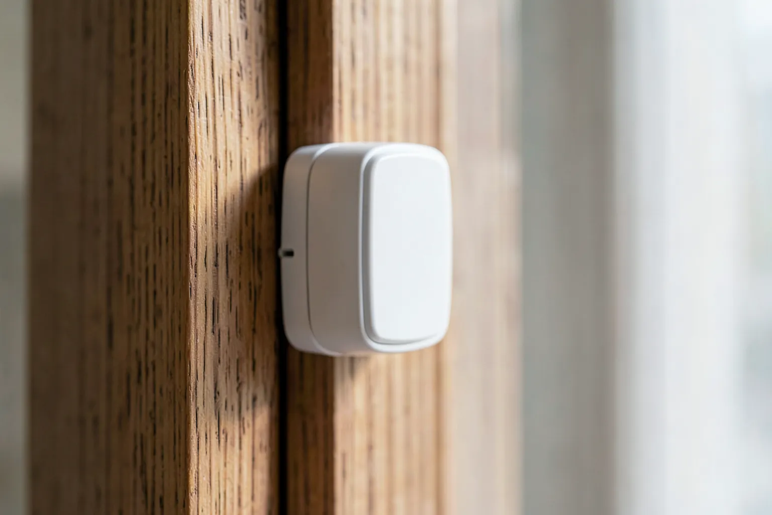 Pequeño sensor blanco de apertura de puerta instalado en el marco de madera de una puerta, con luz de día suave