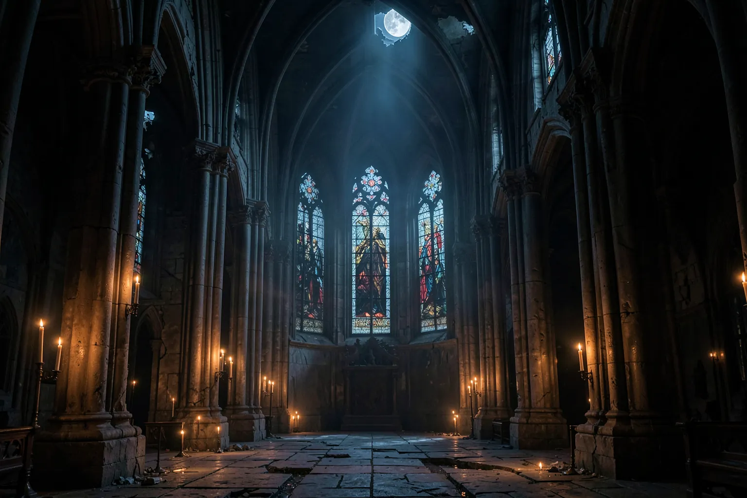 Interior de una catedral gótica en ruinas iluminada por velas y luz de luna, con columnas altas y vidrieras rotas sin figuras