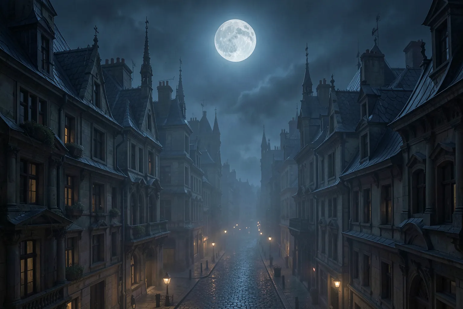 Calle medieval de París de noche con edificios góticos, niebla y luz de luna sobre los tejados, en estilo de ilustración oscura
