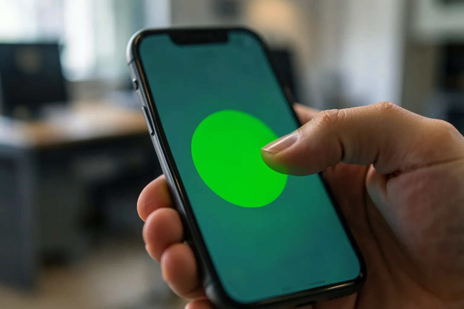 Pulgar a punto de tocar un círculo verde en la pantalla de un móvil, con una oficina desenfocada al fondo