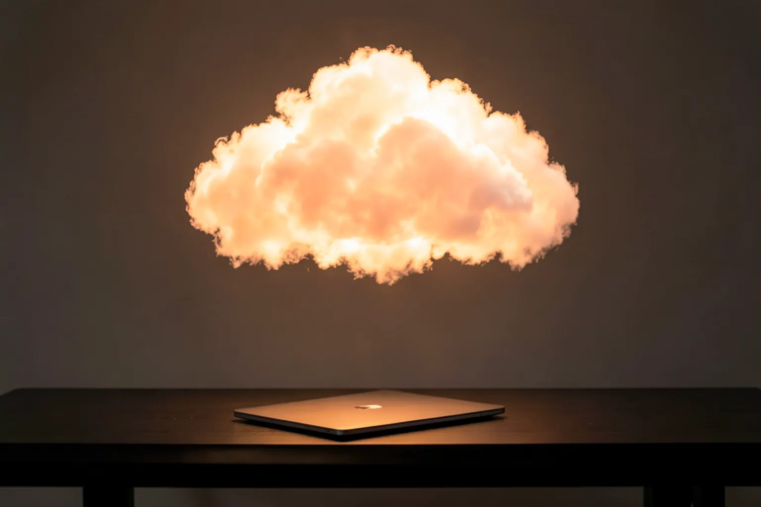 Nube luminosa de tonos anaranjados flotando sobre una mesa oscura con un portátil cerrado