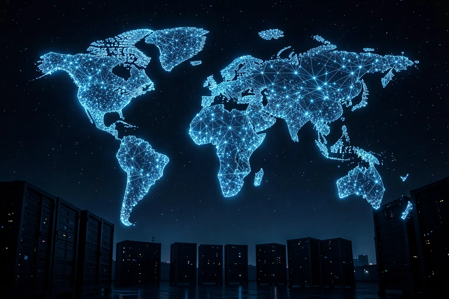 Mapa de servidores distribuidos por regiones con conexiones luminosas