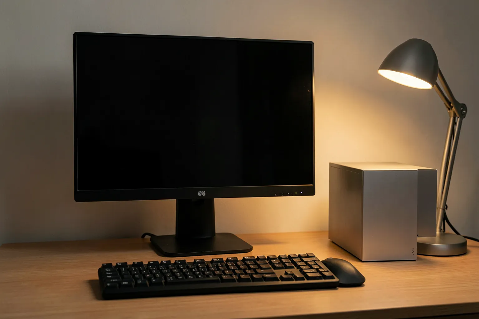 Escritorio ordenado con un monitor grande apagado, un teclado bajo inalámbrico, un ordenador compacto plateado y una lámpara de luz cálida
