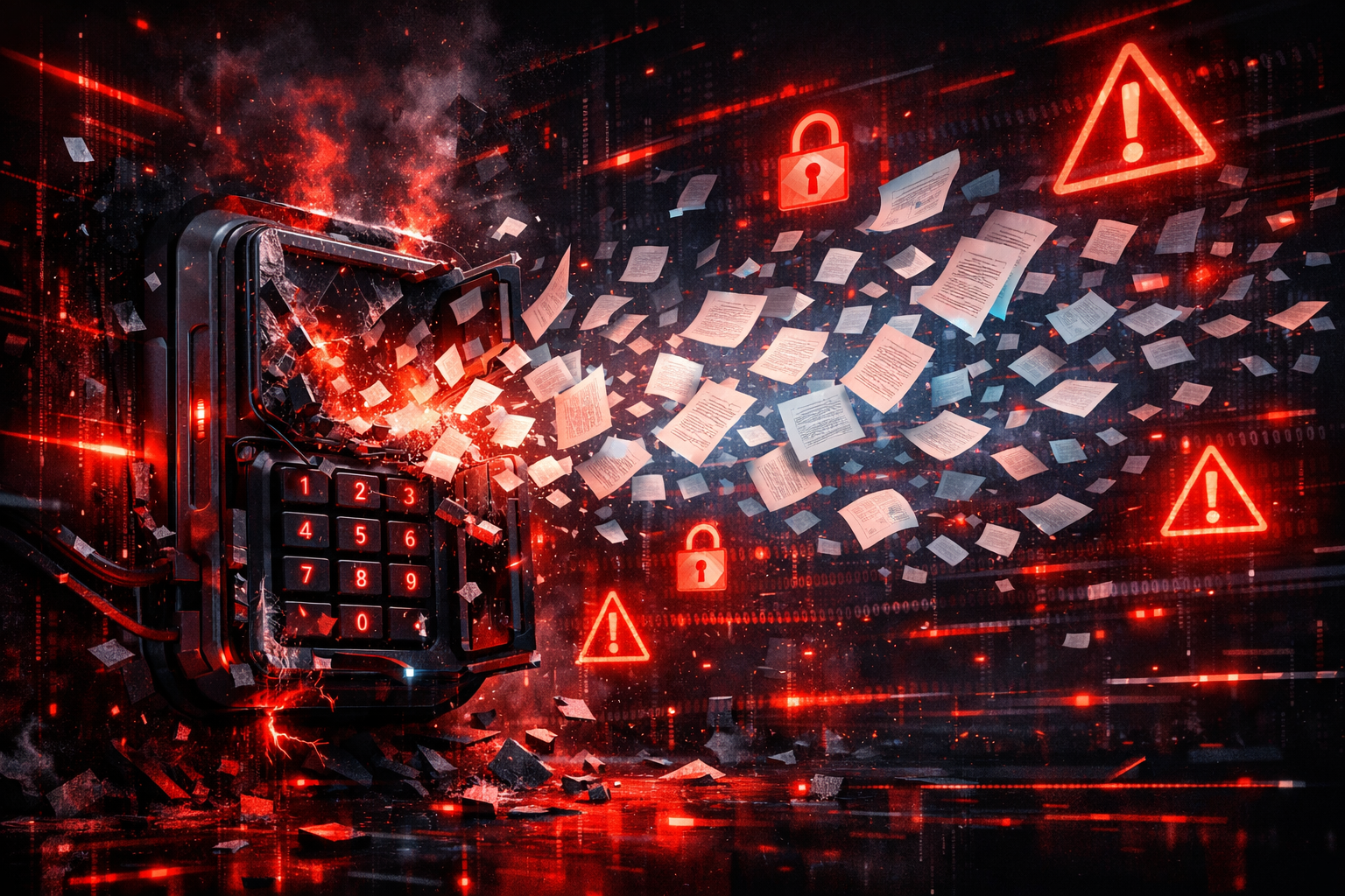 Ilustración de una brecha de datos con archivos expuestos y un candado abierto sobre fondo digital